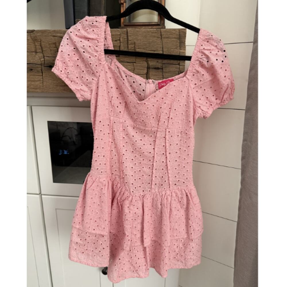 Baby Pink Eyelet Lace Puff Sleeve Peplum Mini Dress Blush Size Small Cottagecore